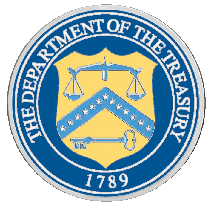 A blue and yellow seal with the words " department of the treasury 1 7 8 9 ".