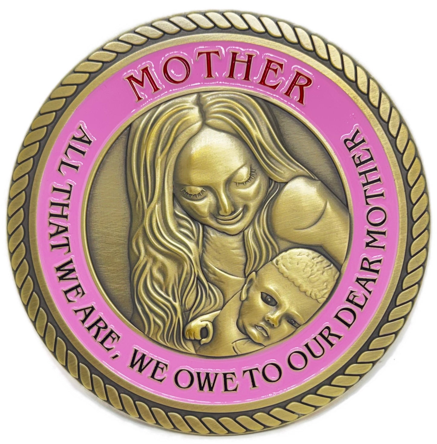 Bronze Medallion with a mother and child design and text on a pink and gold background