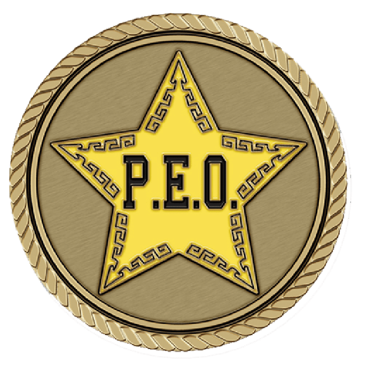 Yellow star badge with "P.E.O." inscription.