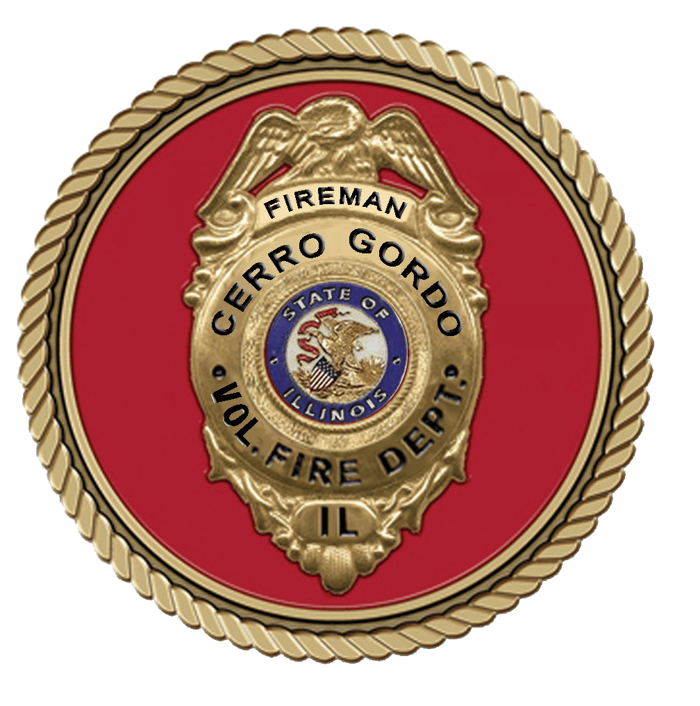 A gold and red badge with the words " fireman cerro gordo you fire dept ii ".