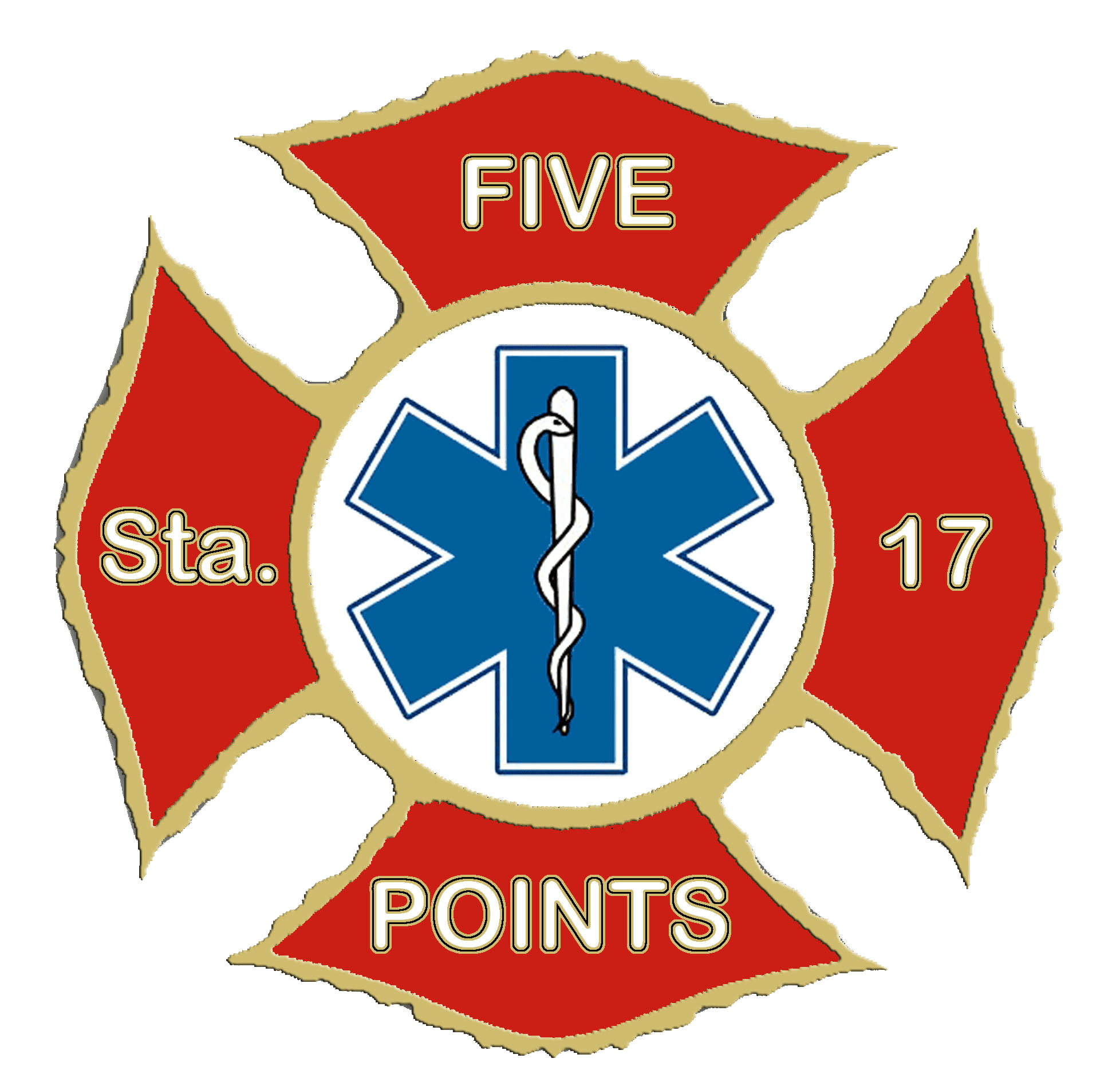 A red and white cross with the words " five points sta. 1 7 " in it