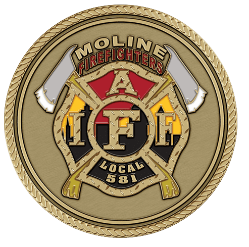 A gold medal with the words " moline firefighters local 8 5 1."