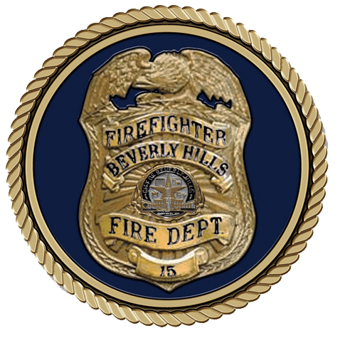 A gold and blue badge of the fire department.