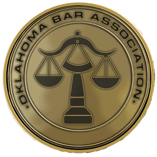 A gold colored badge with the words oklahoma bar association in black.