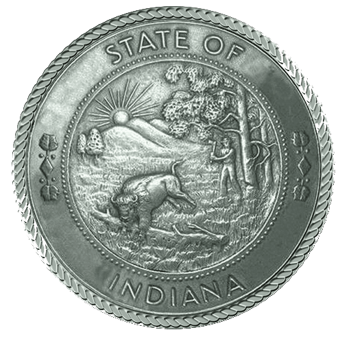 A silver state seal sitting on top of a green background.