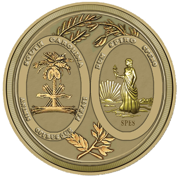 A gold and green seal with two trees, a person holding a cross, and a bird.