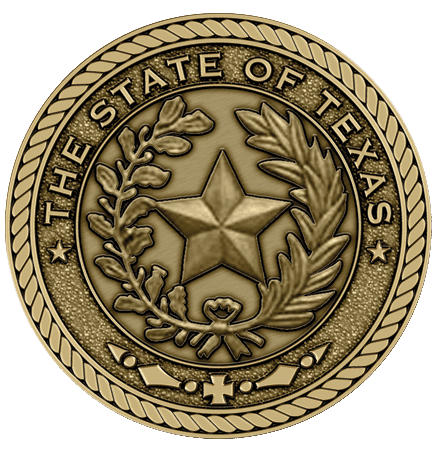 A gold seal with the state of texas in it.