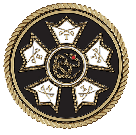 A round emblem with five stars and a snake.