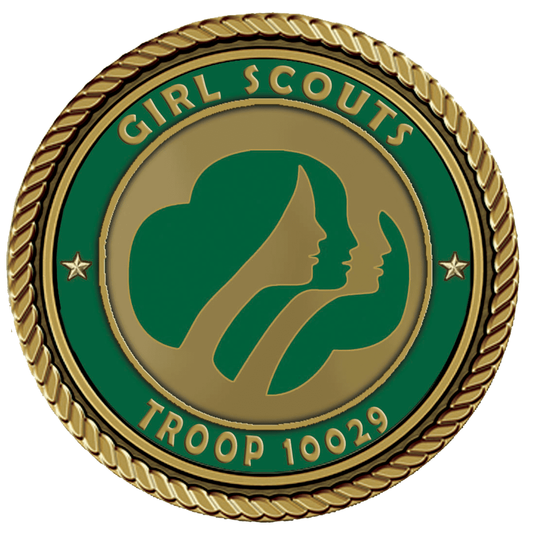 A gold and green girl scouts troop 1 0 0 2 9 logo.