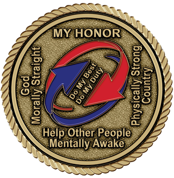 A gold colored coin with the words " my honor " and " god, morally straight ".