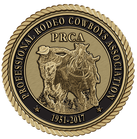 A gold colored coin with the words professional rodeo cowboys association in it.