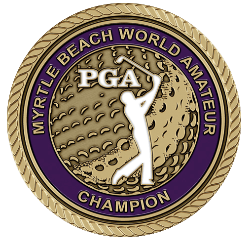 A gold and purple medal with the words myrtle beach world amateur pga champion in front of it.