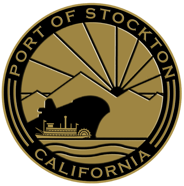 A gold seal with the name port of stockton california.