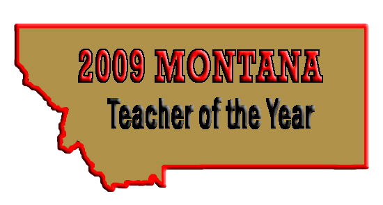 A gold and red logo for the 2 0 0 9 montana teacher of the year.