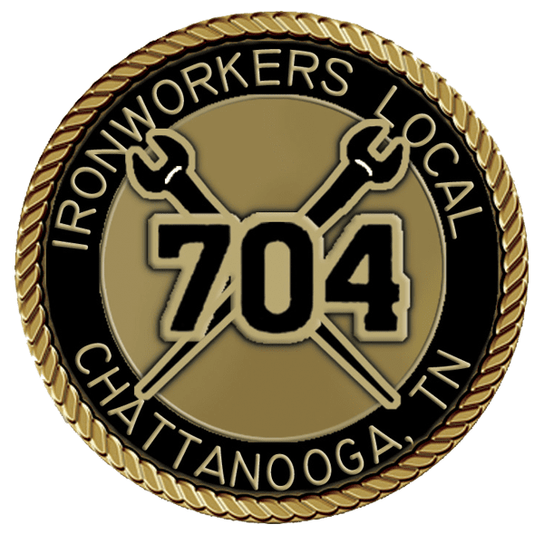 A gold colored badge with the words " ironworkers local chattanooga, tn 7 0 4 ".