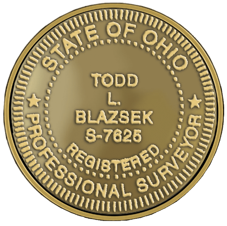 A gold seal that says state of ohio professional surveyor todd l. Blazek 8-7 6 2 5