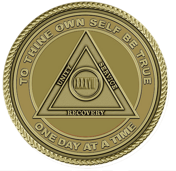 A gold colored medallion with the words " to thine own self be true ".