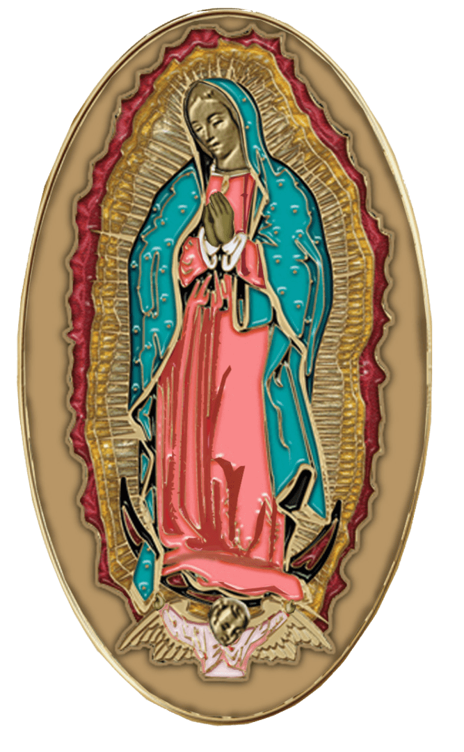 Mary statue with angel below, colorful design.