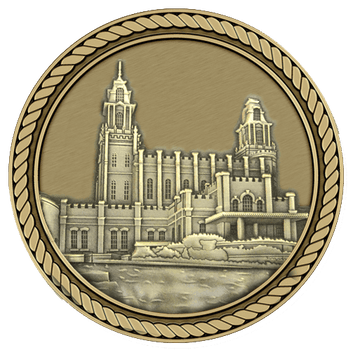 A round picture of a building with a rope border around it.