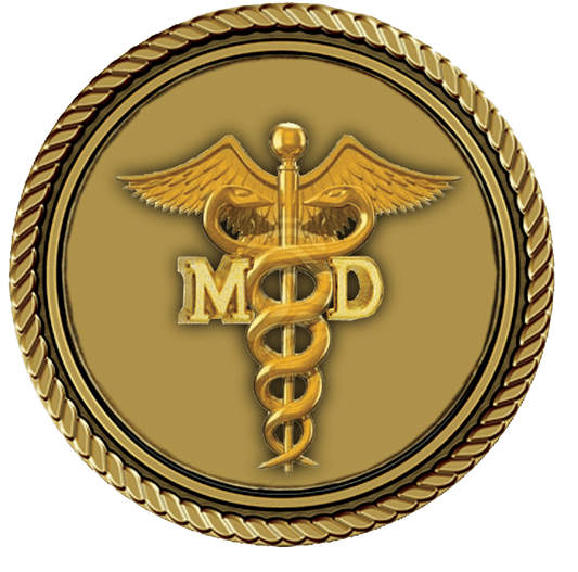 A gold medal with the image of a medical symbol on it.