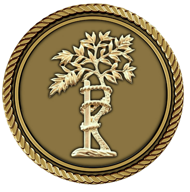 Gold emblem featuring a tree and rope.