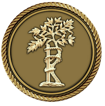 Gold emblem featuring a tree and rope.
