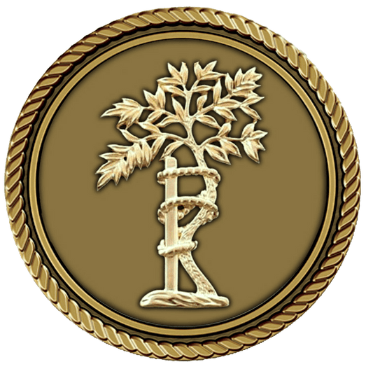 Gold emblem featuring a tree and rope.
