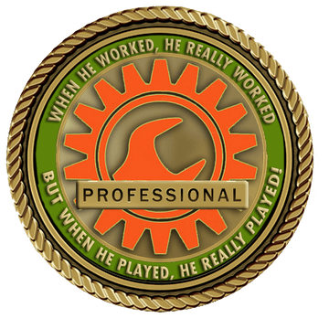 A professional badge with a green background