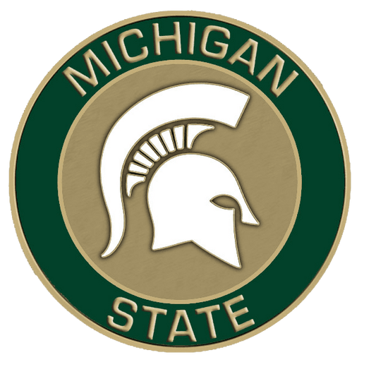 A green and white logo with the word michigan state