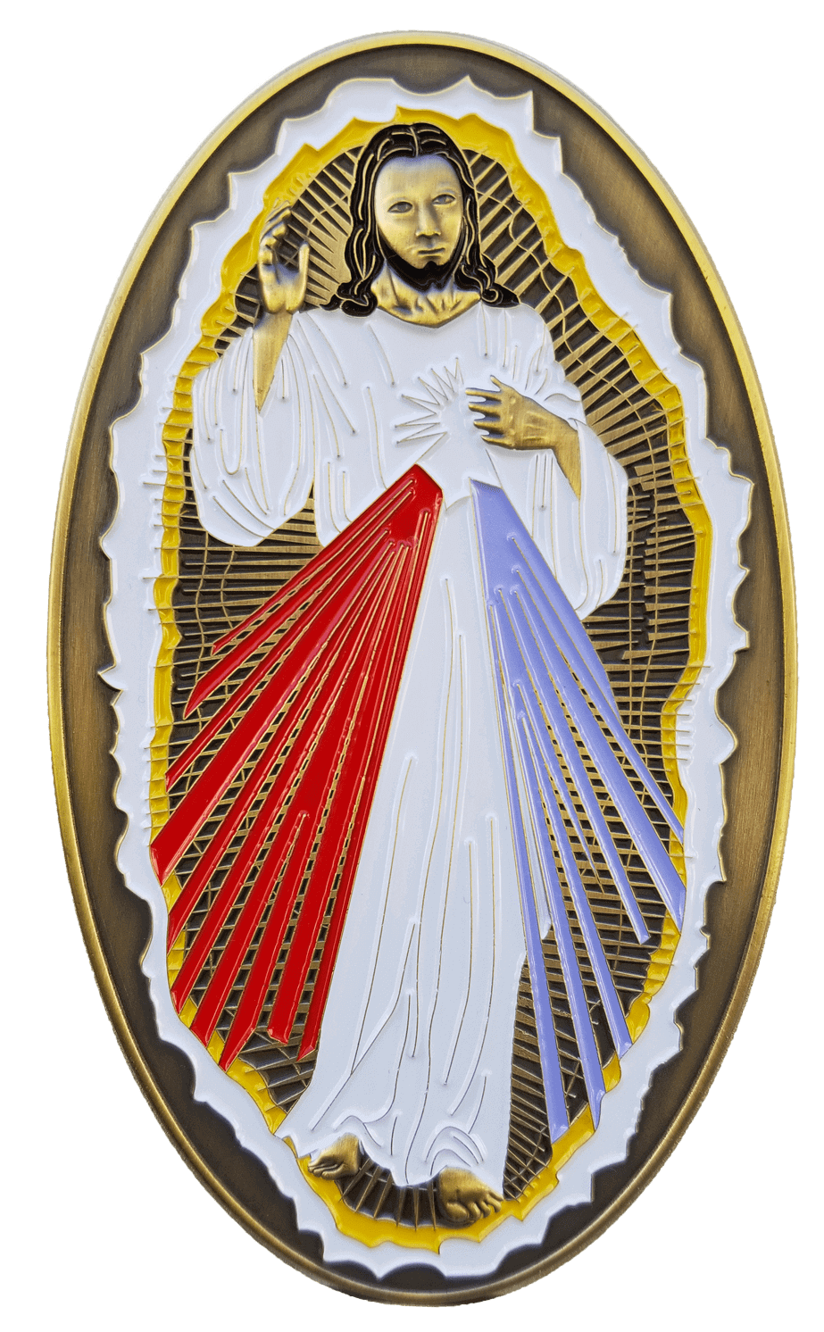 A picture of jesus with the colors red white and blue.