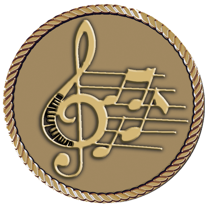 A gold medal with musical notes and treble clef.
