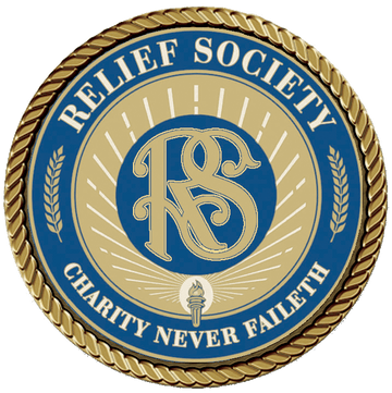 Relief Society emblem with charity motto.