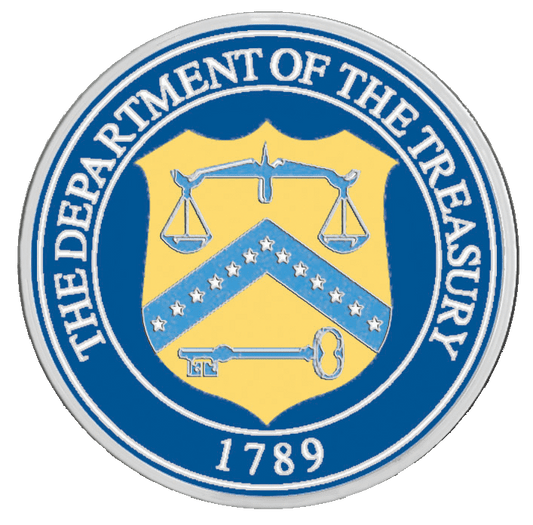 A blue and yellow seal with the words " department of the treasury 1 7 8 9 ".