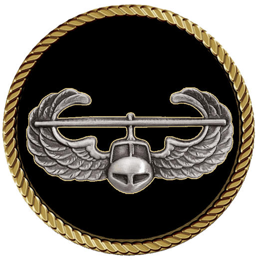 Wings and helmet insignia on black background.