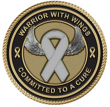 A white ribbon with wings on it.