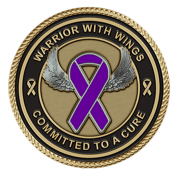 A purple ribbon with wings on it.