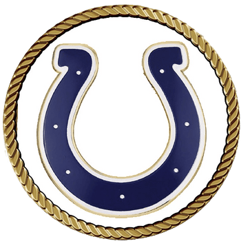 Blue horseshoe emblem with rope border.