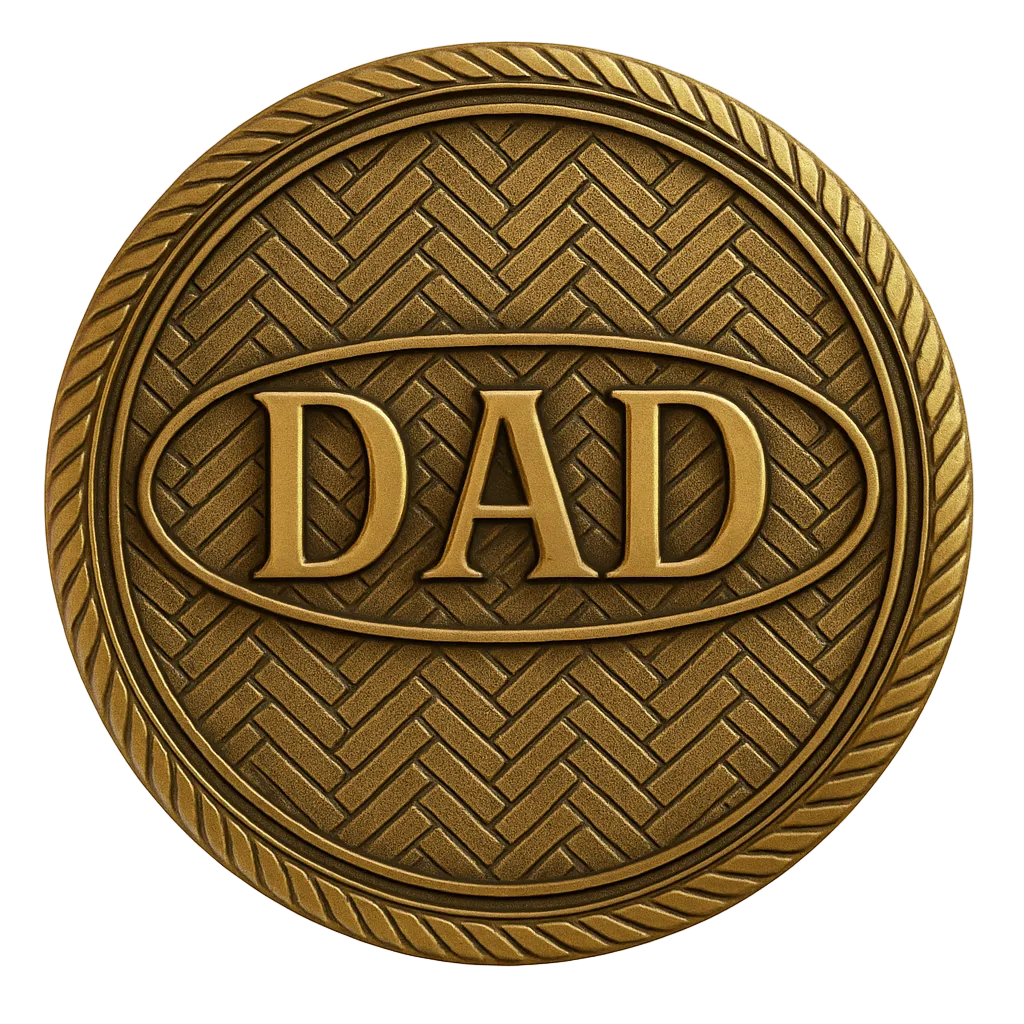 Bronze plaque with 'DAD' engraved on a bronze herringbone background