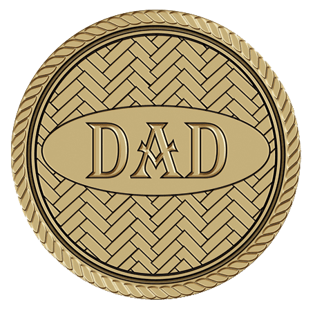 A 2D shiny bronze medal with the word dad on a herringbone background.