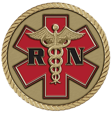 Gold and red nursing emblem with caduceus.