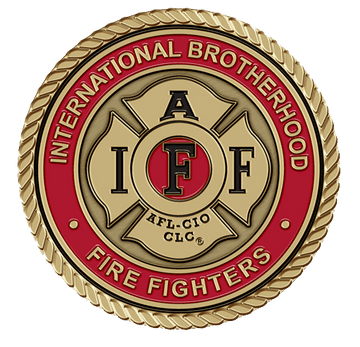 A gold and red fire fighter badge with the words international brotherhood of firefighters.