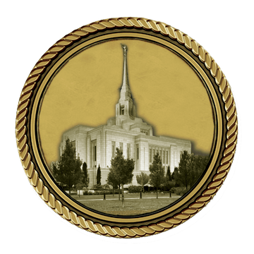 Temple building in decorative circular frame.