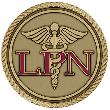 A gold colored medallion with the letters lpn and a medical symbol.