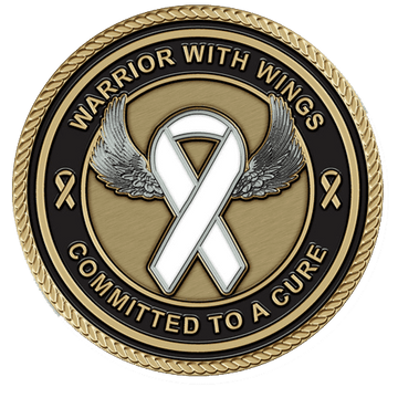 A white ribbon with wings on it.