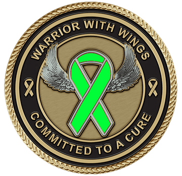 A green ribbon with wings on it.
