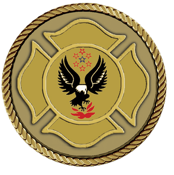 Eagle emblem with stars and fire symbol.