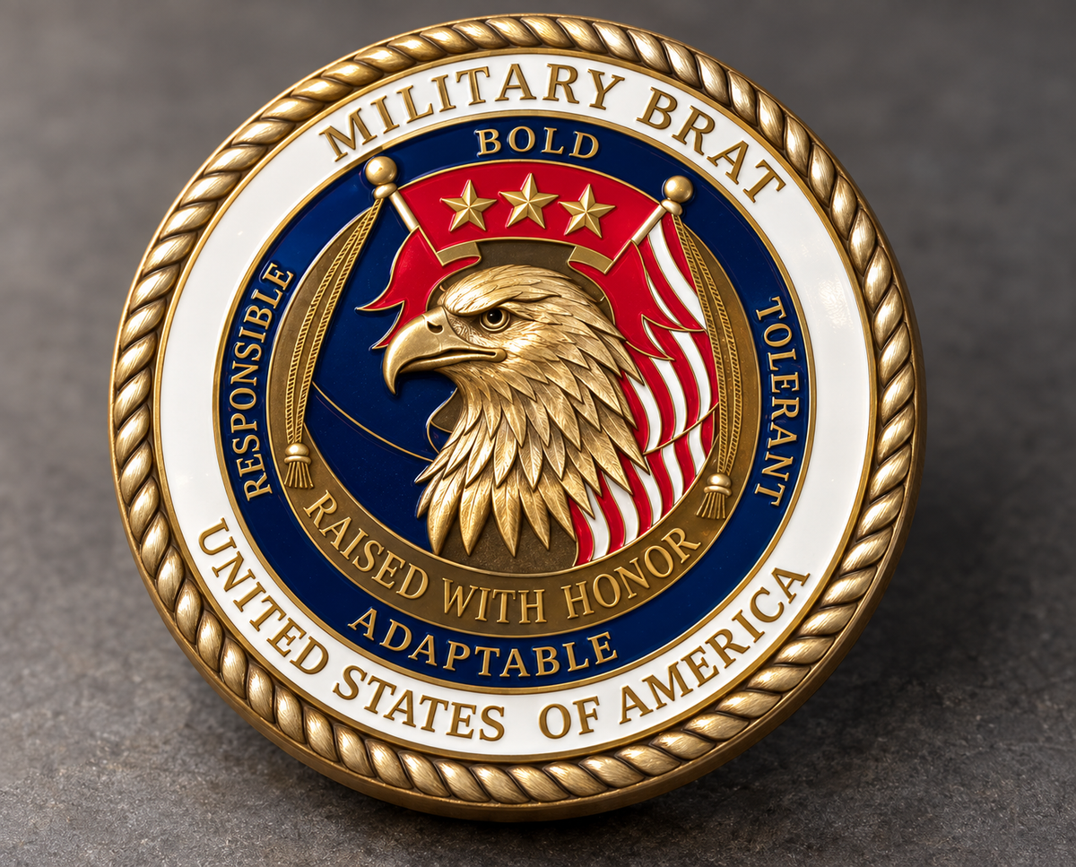 A circular military Honor Medallion featuring a gold-toned rope border, a central bald eagle, and red, white, and blue enamel details with text including 'MILITARY BRAT' and 'UNITED STATES OF AMERICA'.