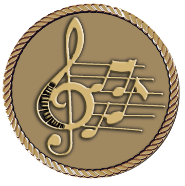 A gold medal with musical notes and treble clef.