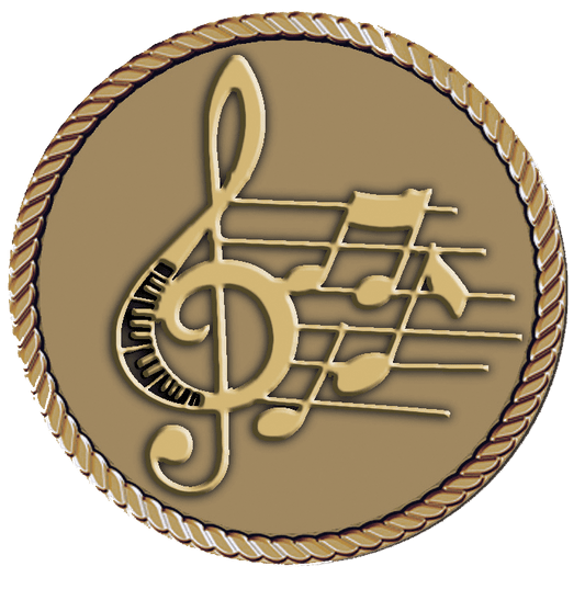 A gold medal with musical notes and treble clef.