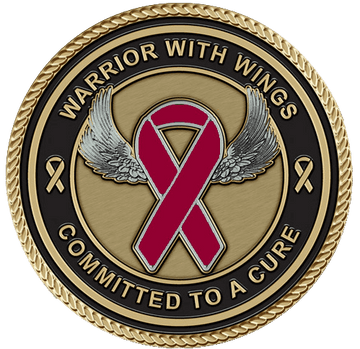 A red ribbon with wings on it.